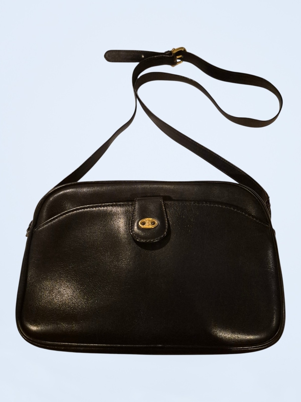 Vintage Celine Triomphe Logo Dark Navy Leather Shoulder Bag